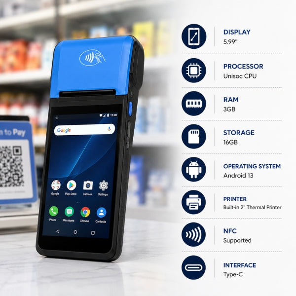 Android POS | 5.99" Display | Unisoc CPU | 3GB+16GB Storage | Android 13 | 2" Printer | NFC
