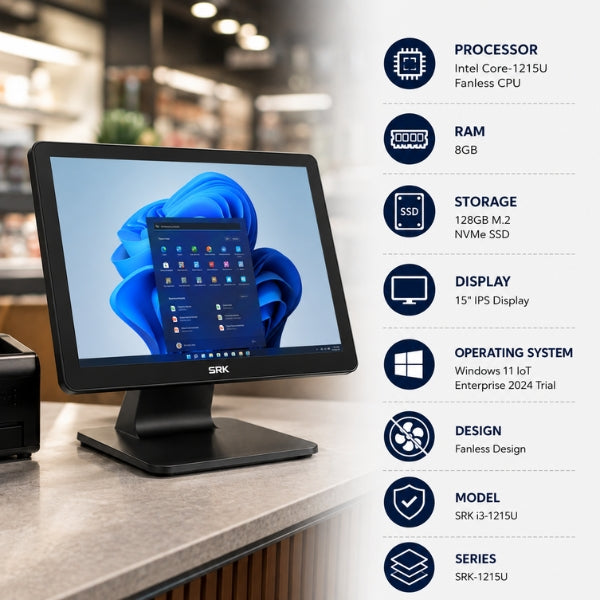 Windows POS | SRK-1215U | 15" IPS Display | Win11 |12 gen| 8GB RAM + 128GB