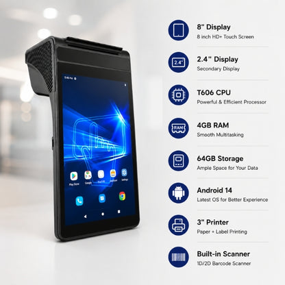 Android POS | SRK T606B | 8" Display | 4GB RAM + 64GB Storage | Android 14 | 3" Printer | Barcode Scanner