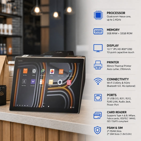 SUNMI D3 MINI 3PTR | Single Display 10.1" | 80 mm | Wifi |3/32GB ROM