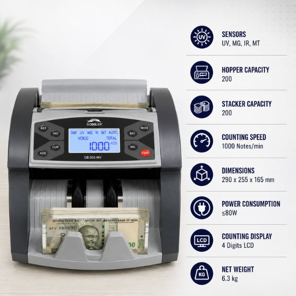 Gobbler GB-502-MV Note Counting Machine with Advanced Fake Note Detection