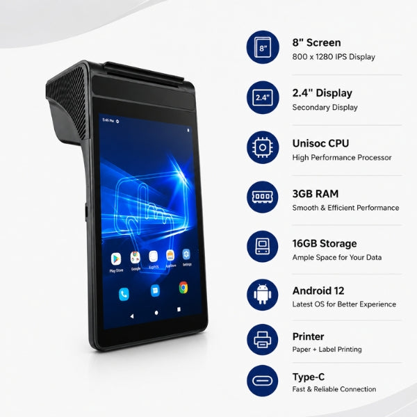 Android POS | SRK B1008 | 8" Display | 3GB RAM + 16GB Storage | Android 12 | Printer (Paper + Label)
