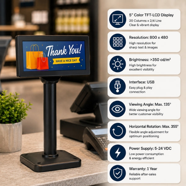 
Customer POS Display |SRK-BS500-II | TFT-LCD Display | 5 inch Color Panel | | USB | 1 year warranty