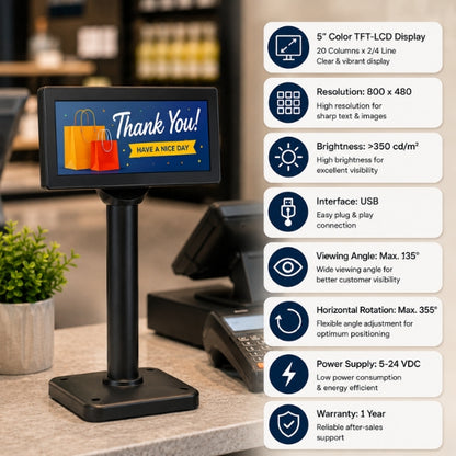 
Customer POS Display |SRK-BS500-II | TFT-LCD Display | 5 inch Color Panel | | USB | 1 year warranty