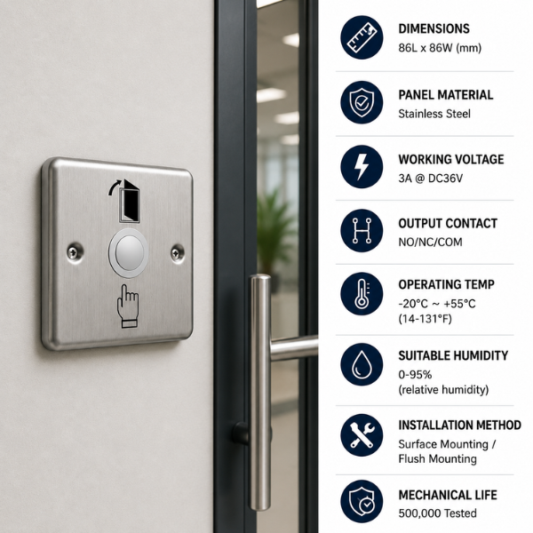 Exit Switch | 3-Port Design|Size:86x86mm | Touch| Stainless Steel| Wired -Access Control