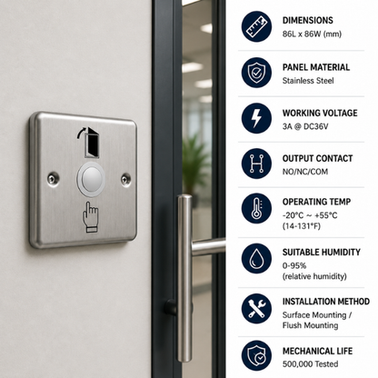 Exit Switch | 3-Port Design|Size:86x86mm | Touch| Stainless Steel| Wired -Access Control