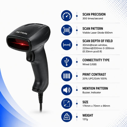 RETSOL -LS500 Handheld 1D Wired Laser Barcode Scanner