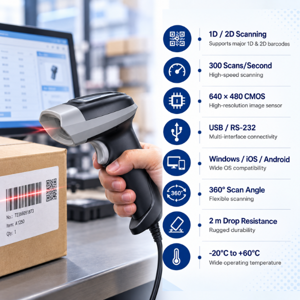  RUGTEK LS-3002 2D Wired Barcode Scanner 