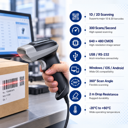  RUGTEK LS-3002 2D Wired Barcode Scanner 