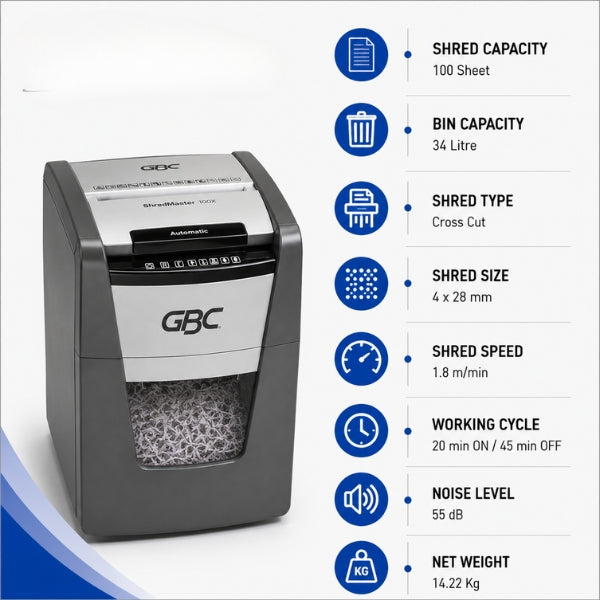 GBC 100X ShredMaster Cross Cut Auto Feed Personal Paper Shredder