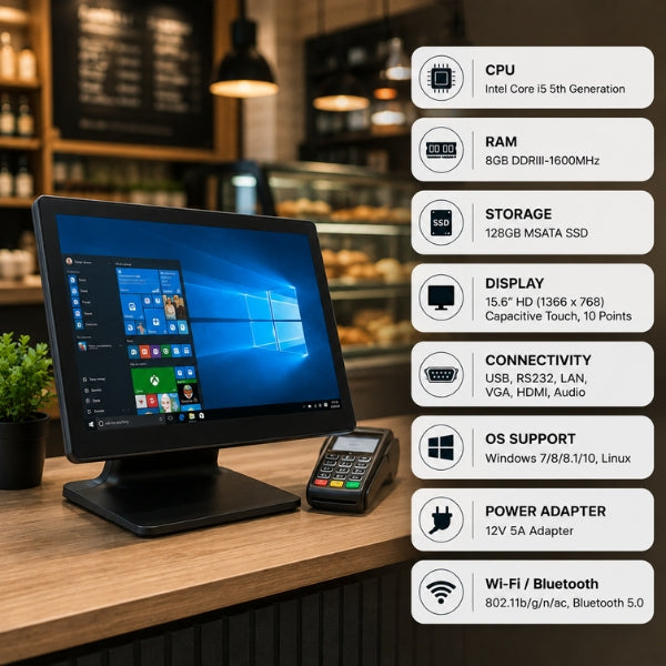 Windows POS |Windows10 |SRK W1555| Core i5 5th Generation | 15.1″ HD Display | 8+128GB SSD | USB+LAN+RS232