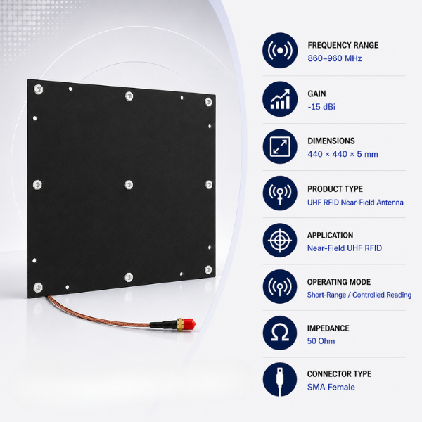 RFID UHF Near-Field Antenna | SRF NF-44 | 860–960 MHz | 440 × 440 × 5 mm | -15 dBi