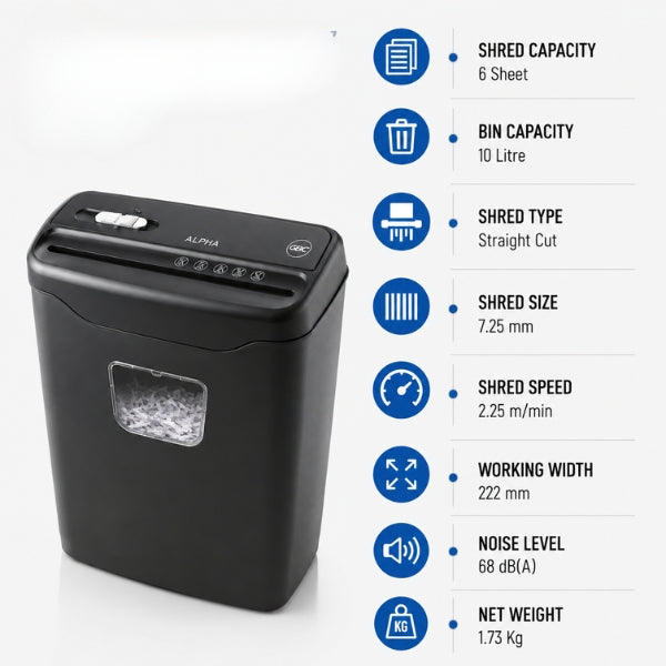 GBC ALPHA RIBBON 230V EU Straight Cut Home Office Paper Shredder | 6 Sheet Capacity