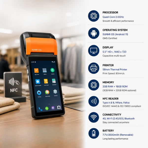 SUNMI V2S NFC Mobile Terminal | Android 11 | 15.5″ HD Display