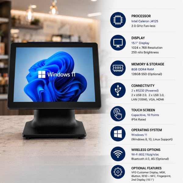 Windows POS |SRK WD-J4125| Windows 11 | 15.1" Display | 8GB RAM+128GB SSD | RS232+USB