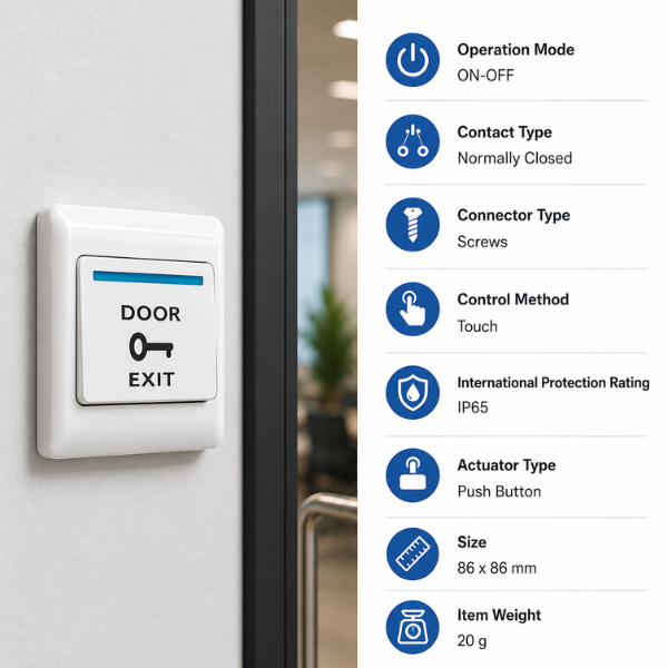 Door Exit Push Button | Plastic Material |Size:86x86mm| Wired|Touch -Electric Access Control