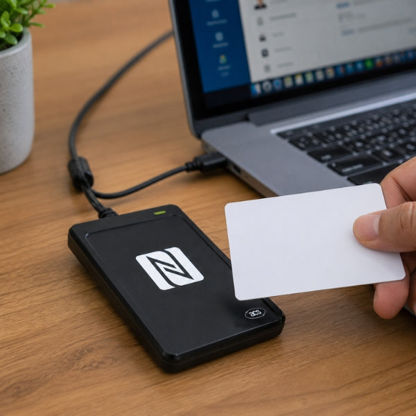 A black NFC-enabled portable card reader device sits on a wooden desk, connected to a laptop and being scanned by a hand holding a white card.