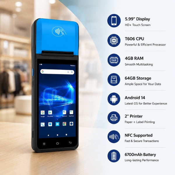 Android POS | SRK T606 | 5.99" Display | 4GB RAM + 64GB Storage | Android 14 | 2" Printer | NFC