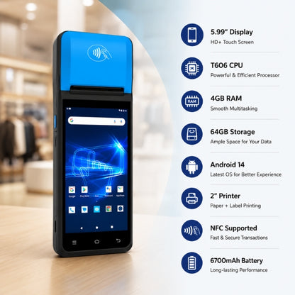 Android POS | SRK T606 | 5.99" Display | 4GB RAM + 64GB Storage | Android 14 | 2" Printer | NFC