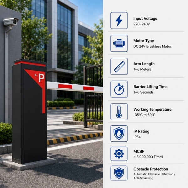 Automatic Boom Barrier | SRK-BB100 | 24V DC Brushless Motor | IP54 | 3–6 Meter Boom | RFID & Access Control Compatible