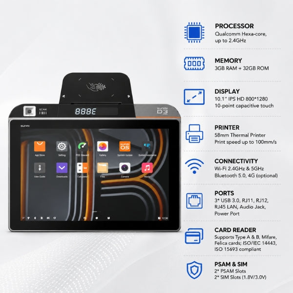 SUNMI D3 MINI 2PTR | Single Display 10.1" | 58 mm | 3/32 GB