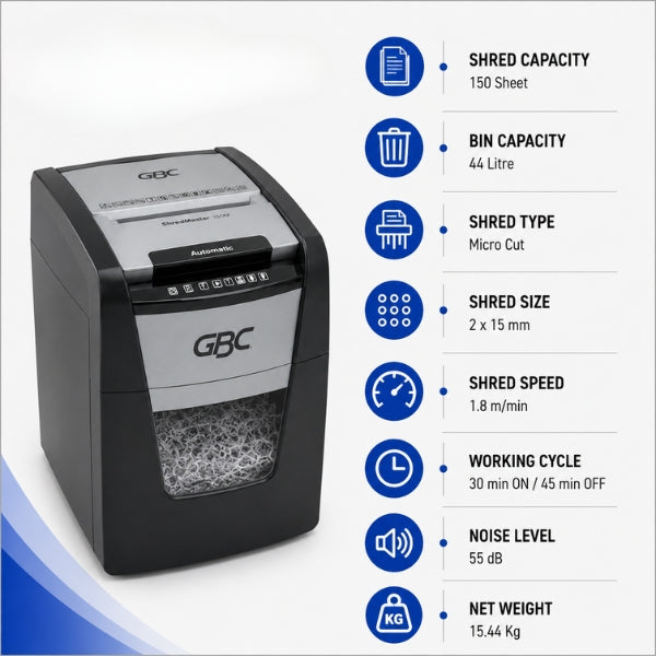 GBC 150M ShredMaster Micro Cut Auto Feed Personal Paper Shredder | 150 Sheet Capacity