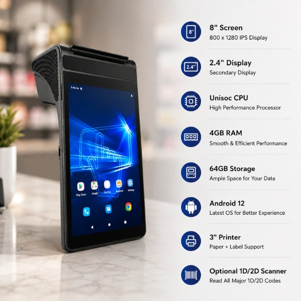 Android POS | SRK B1008 | 8" Display | 4GB RAM + 64GB Storage