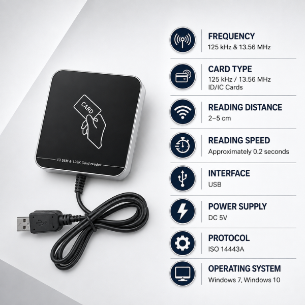 RFID HF & LF  Card Reader| SRK HL-50 | Dual Frequency | USB  | 125kHz + 13.56MHz