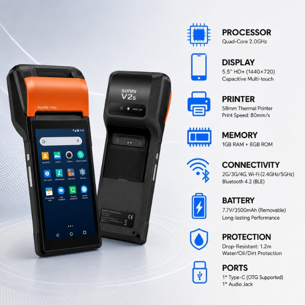 SUNMI V2S CLASSIC Mobile Terminal | Android 11 | 5.5″ HD Display | 1+8GB | 58mm thermal printer | Bluetooth+WIFI