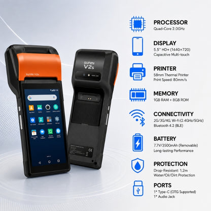 SUNMI V2S CLASSIC Mobile Terminal | Android 11 | 5.5″ HD Display | 1+8GB | 58mm thermal printer | Bluetooth+WIFI