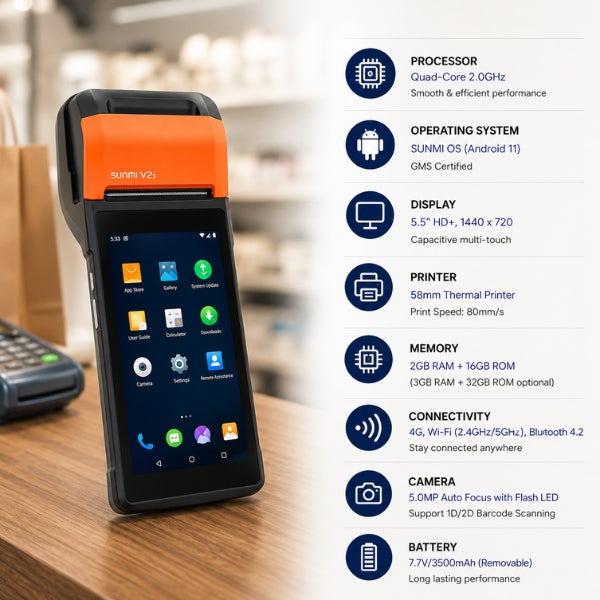 SUNMI V2S-STANDARD Mobile Terminal | Android 11 | 15.5″ HD Display