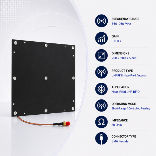 RFID UHF Near-Field Antenna | SRF NF-20 | 860–960 MHz | 200 × 200 × 5 mm | 0.5 dBi