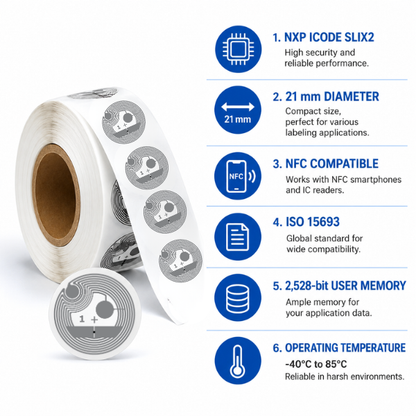 RFID HF Inlay | 21mm Round | 13.56MHz | NXP ICODE SLIX2 - For Product Tracking