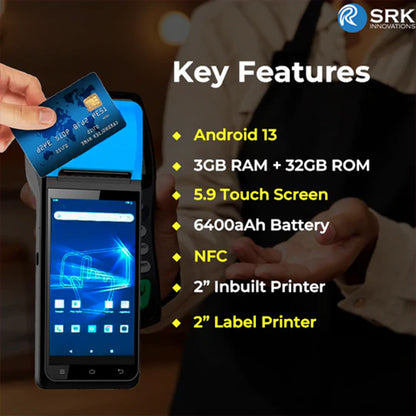 SRK-Z91S Handheld POS System | Android 13 | 5.99" Display | 3+16GB | 2" Inbuilt printer | NFC | USB+WIFI+BLUETOOTH