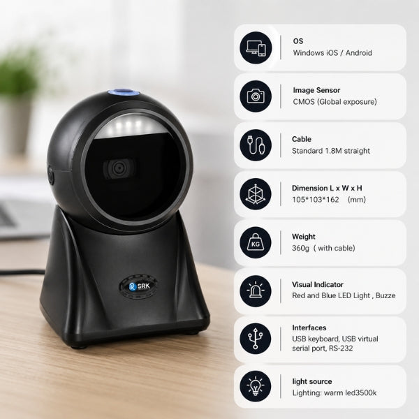 SRK PS9120 1D/2D QR Hands-Free Desktop Omnidirectional  Barcode Scanner