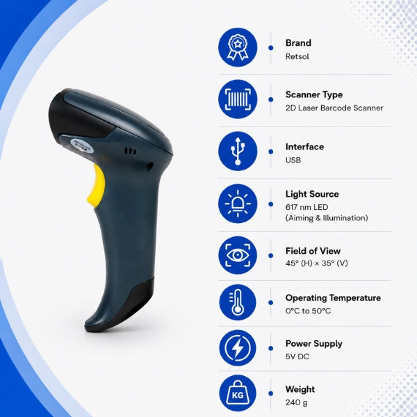Retsol D2060 Handheld Wired 2D Laser Barcode Scanner