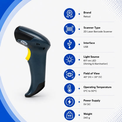 Retsol D2060 Handheld Wired 2D Laser Barcode Scanner