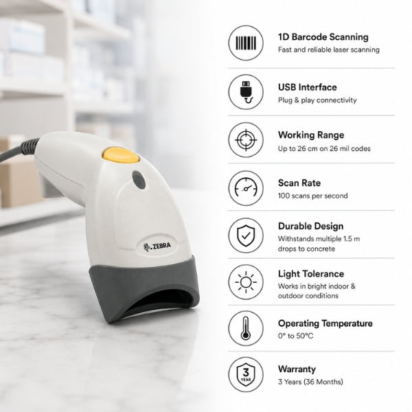 Zebra LS1203 Handheld 1D Laser Barcode Scanner
