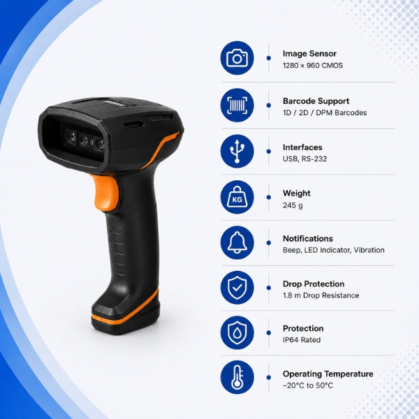 NVH300 Barcode Scanner | 1D/2D or DPM Barcodes |USB