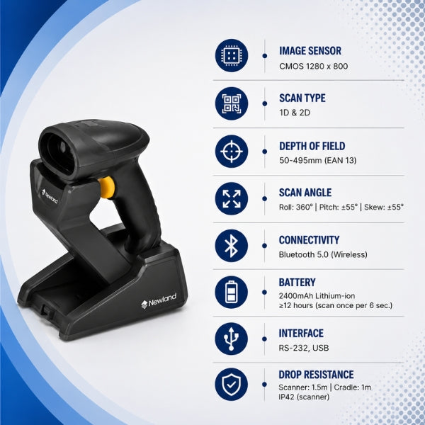 Newland HR32-BT Handheld Scanner |1D/2D Wireless Barcode Scanner | USB