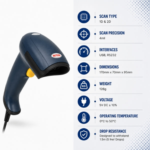 RETSOL D5030 1D/2D Wired Handheld Barcode Scanner | USB