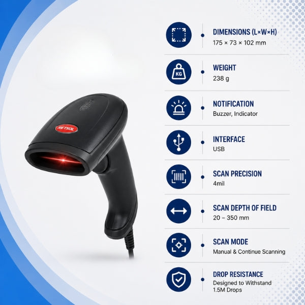 Retsol LS-600 Handheld Laser Barcode Reader | 1D Wired Scanner | USB