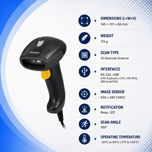 Newland HR20 Handheld Barcode Scanner | 2D Barcode Reader | USB