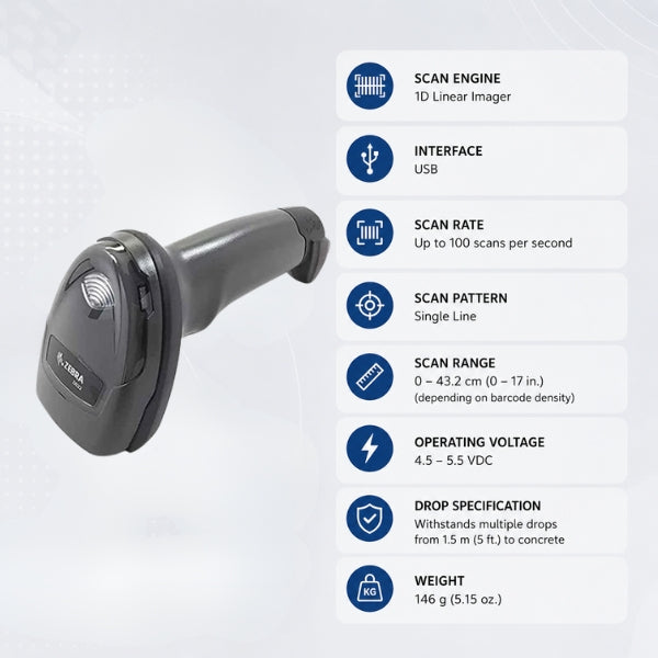Zebra DS2208 1D Wired Barcode Scanner | USB