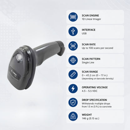 Zebra DS2208 1D Wired Barcode Scanner | USB
