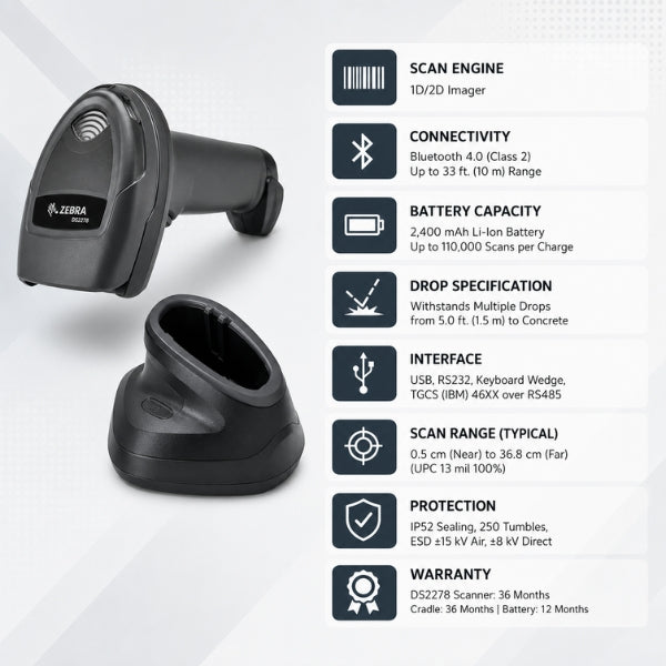 Zebra DS2278 2D Bluetooth Handheld Barcode Scanner