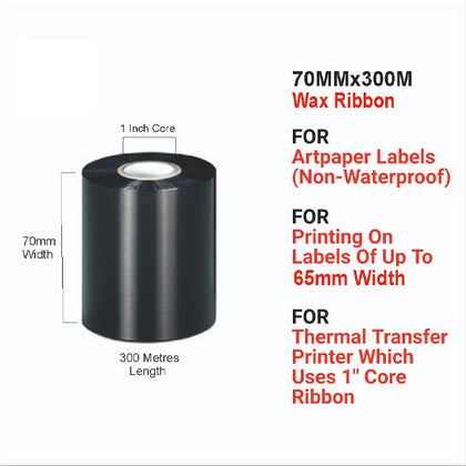 Wax Ribbon | 5 pcs | 70mmX300Mtr | Thermal Transfer