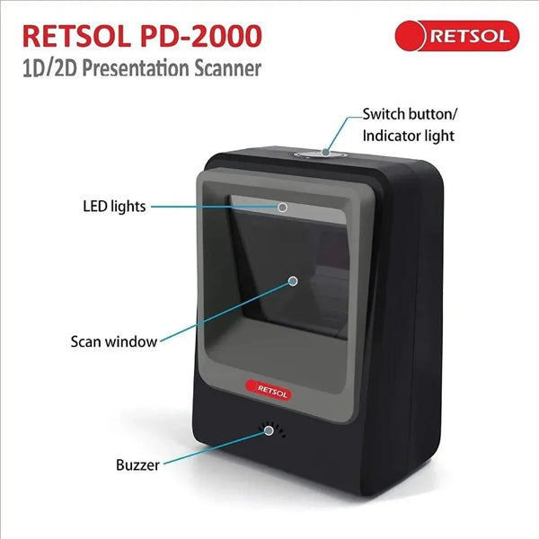 Retsol PD2000 Directional Tabletop Barcode Reader | 1D/2D Barcode Scanner | USB