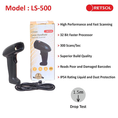RETSOL LS-500 Handheld 1D Wired Laser Barcode Scanner
