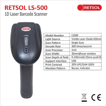 RETSOL LS-500 Handheld 1D Wired Laser Barcode Scanner